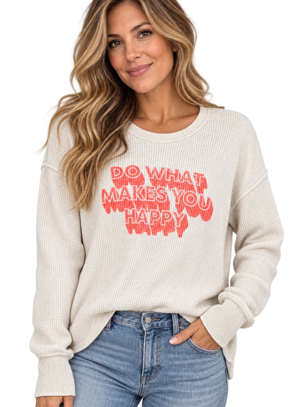 Offline by aerie Cream Waffle-Knit Crew Tee with Coral Graphic size XS
